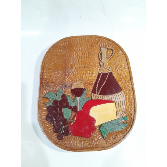 Vintage Wooden Carved  Wine And Cheese  Wall Hanging, Handmade 11"×9" - Picture 1 of 8